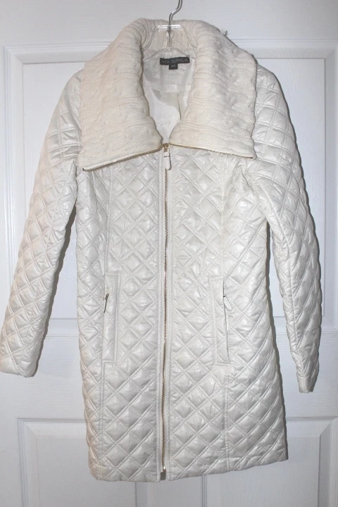 NUEVO Abrigo Chaqueta Caminante Via Spiga Marfil Xs Diamante Edredón Cremallera Tejido Cuello $208 Foto 4 de 4