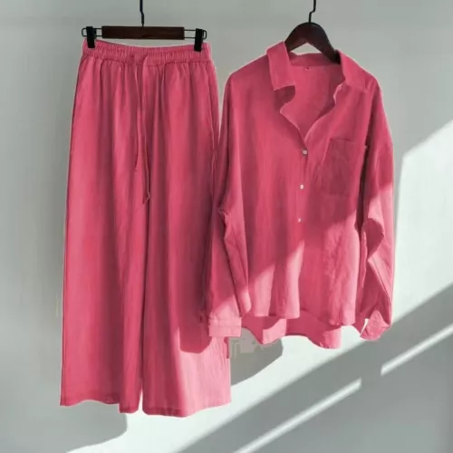 Women Lady Summer Solid Color Cotton Linen Suit Lapel Long Sleeve Top Leg Pants - Bild 24 von 42