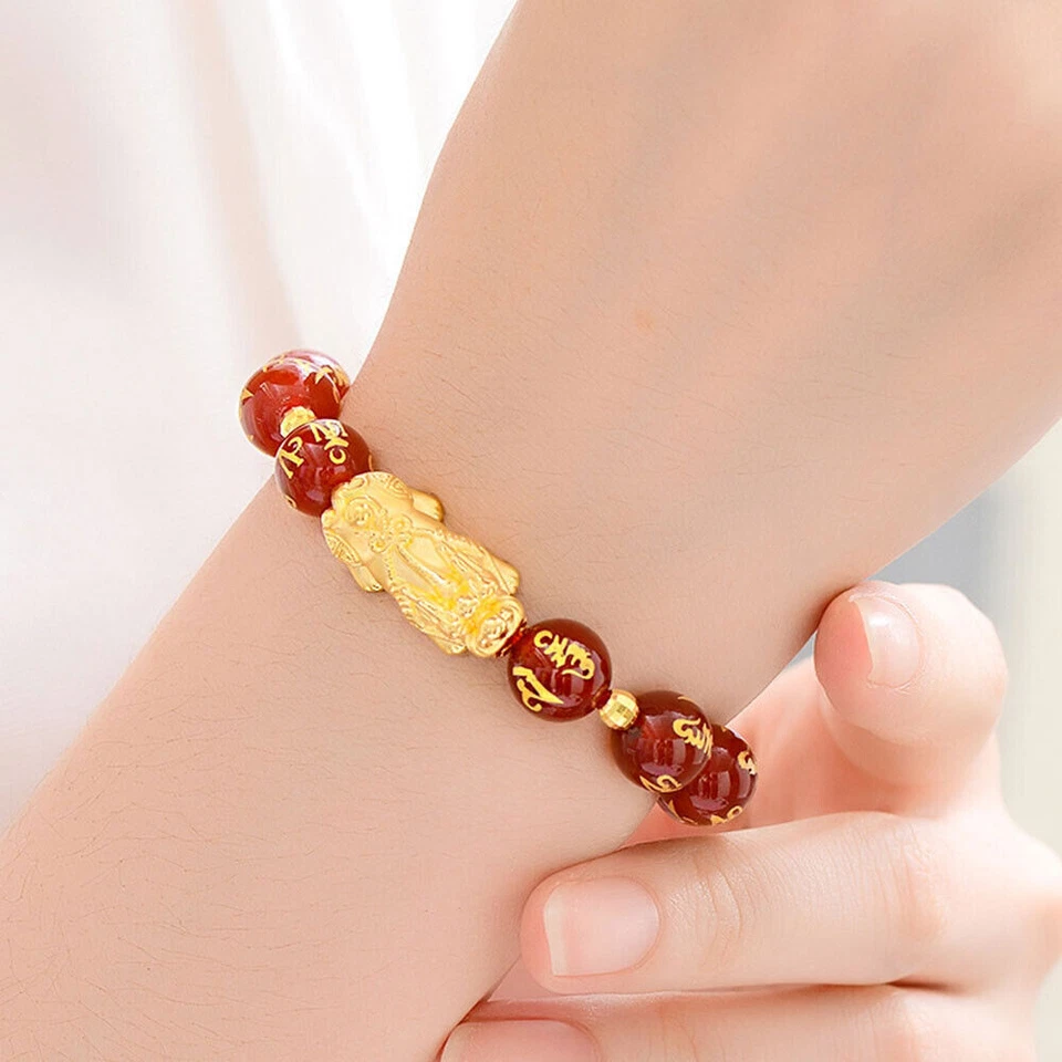 Brazalete real de oro amarillo de 24K para mujer 3D Pixiu con eslabón de ágata roja de 10 mm 7,5 pulgadas L Foto 3 de 4