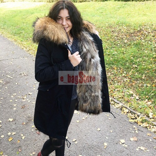 Winter Women's Real Raccoon Fur Coats Collar Long Hooded Parka Overcoat Jackets - Picture 9 of 56