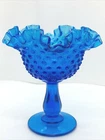 Vintage Fenton Colonial Blue Hobnail Pedestal Ruffle Edge 6" Compote Dish