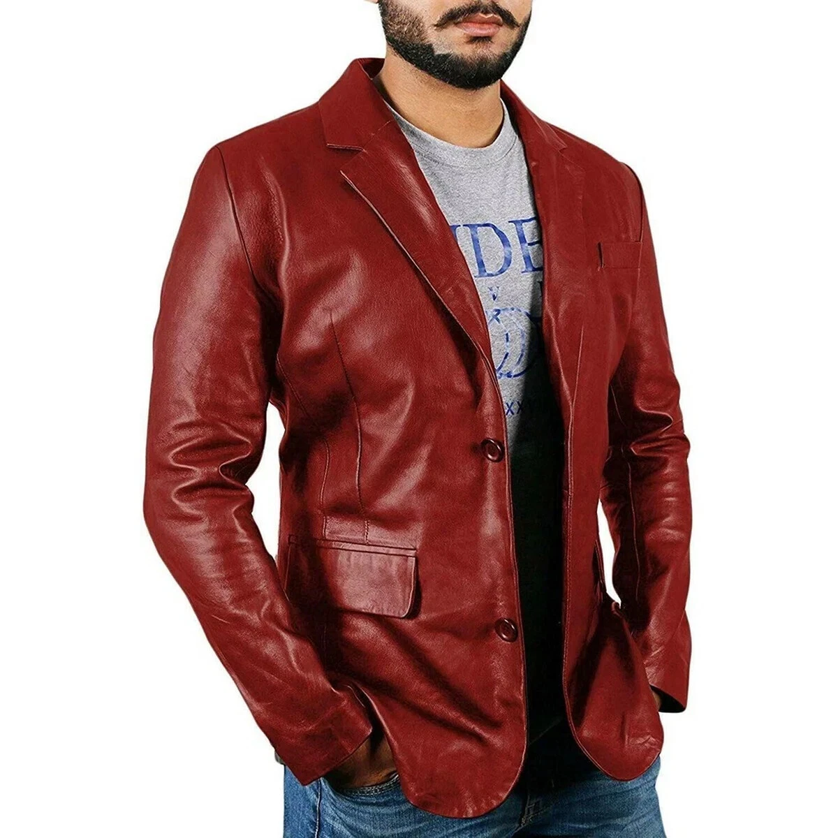 Men's Dark Red Blazer Genuine Lambskin Leather Two Button Jacket Blazer