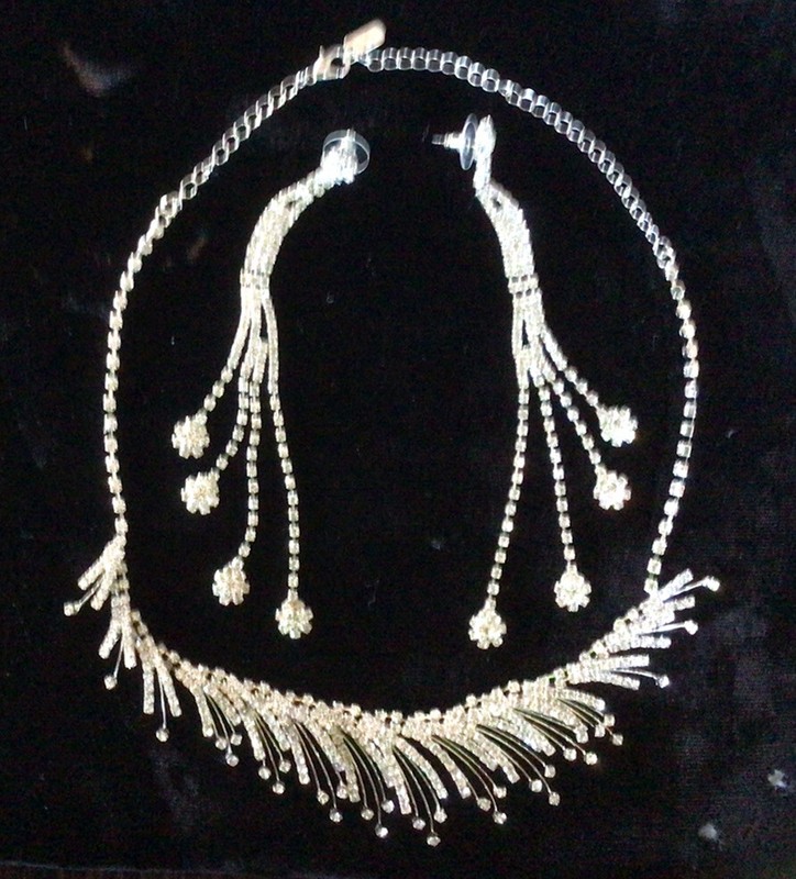 Necklace, Rhinestones, Adjustable W/5”  Pierced earrings