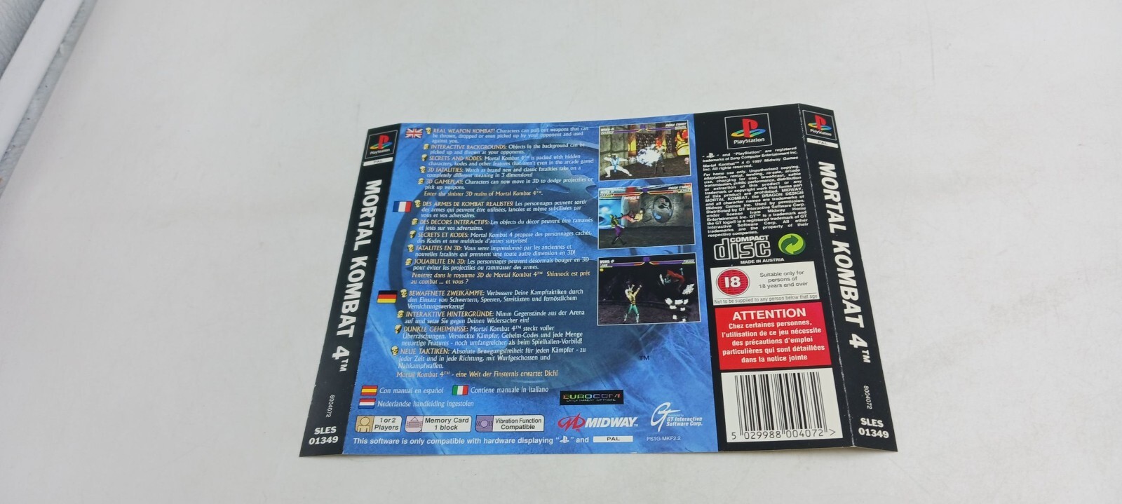 Jaquette arrière officielle Jeu Sony Playstation 1 PS1 Mortal Kombat 4