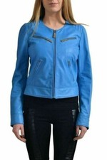 Just Cavalli Women's 100% Leather Blue Full Zip  Jacket US S IT 40