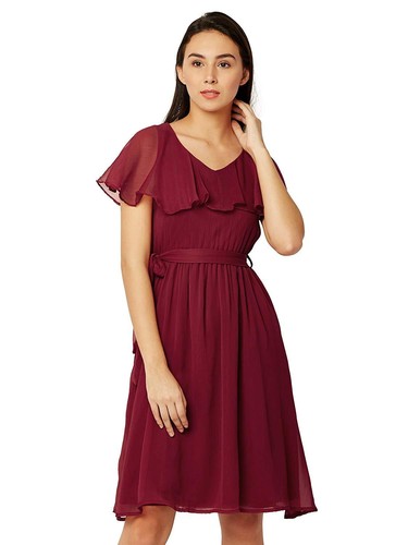 Women's Maroon Ruffled Chiffon Dress 
