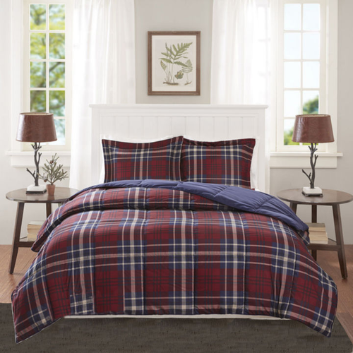 Burgundy Navy Plaid 3 pc Comforter Set 
