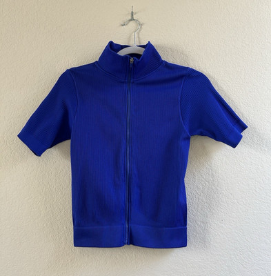 Free Haven Women's Blue Full Zip Ribbed Stretch Short Sleeve Layering Top Size L