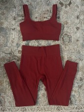 Red 2 Piece Ribbed Crop Bra Top High Waist Leggings Set Medium Workout Gym Yoga