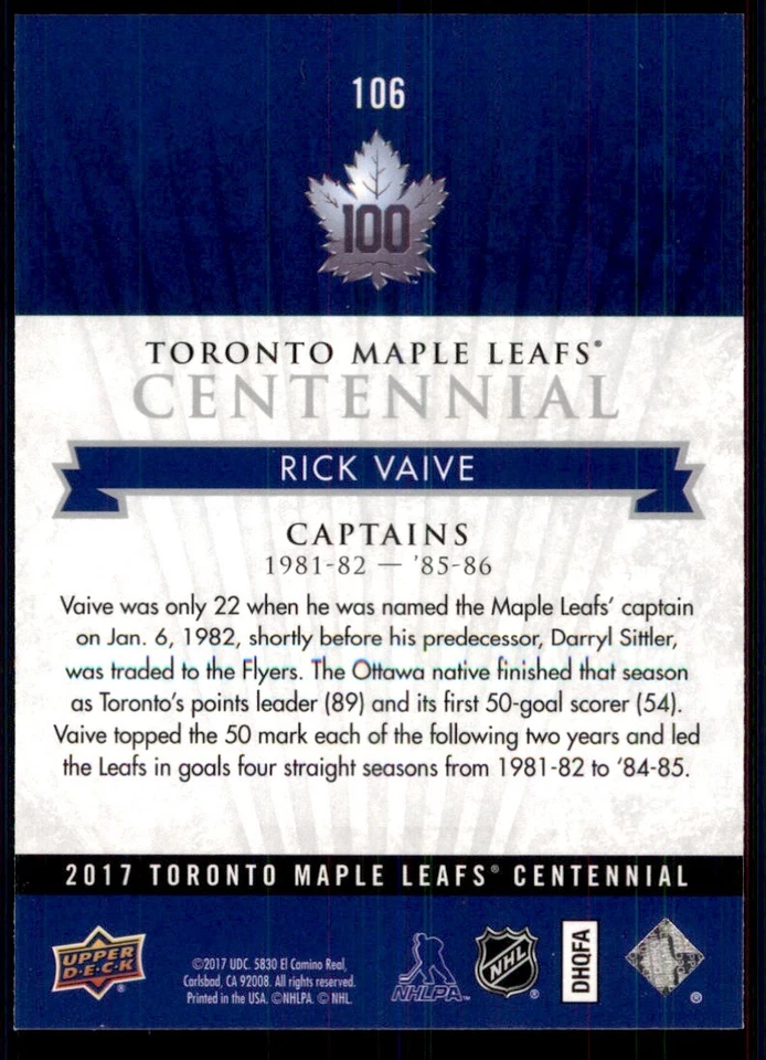 2017-18 UPPER DECK TORONTO MAPLE LEAFS CENTENNIAL CAPTAINS SP RICK VAIVE #106 - Image 2 of 2