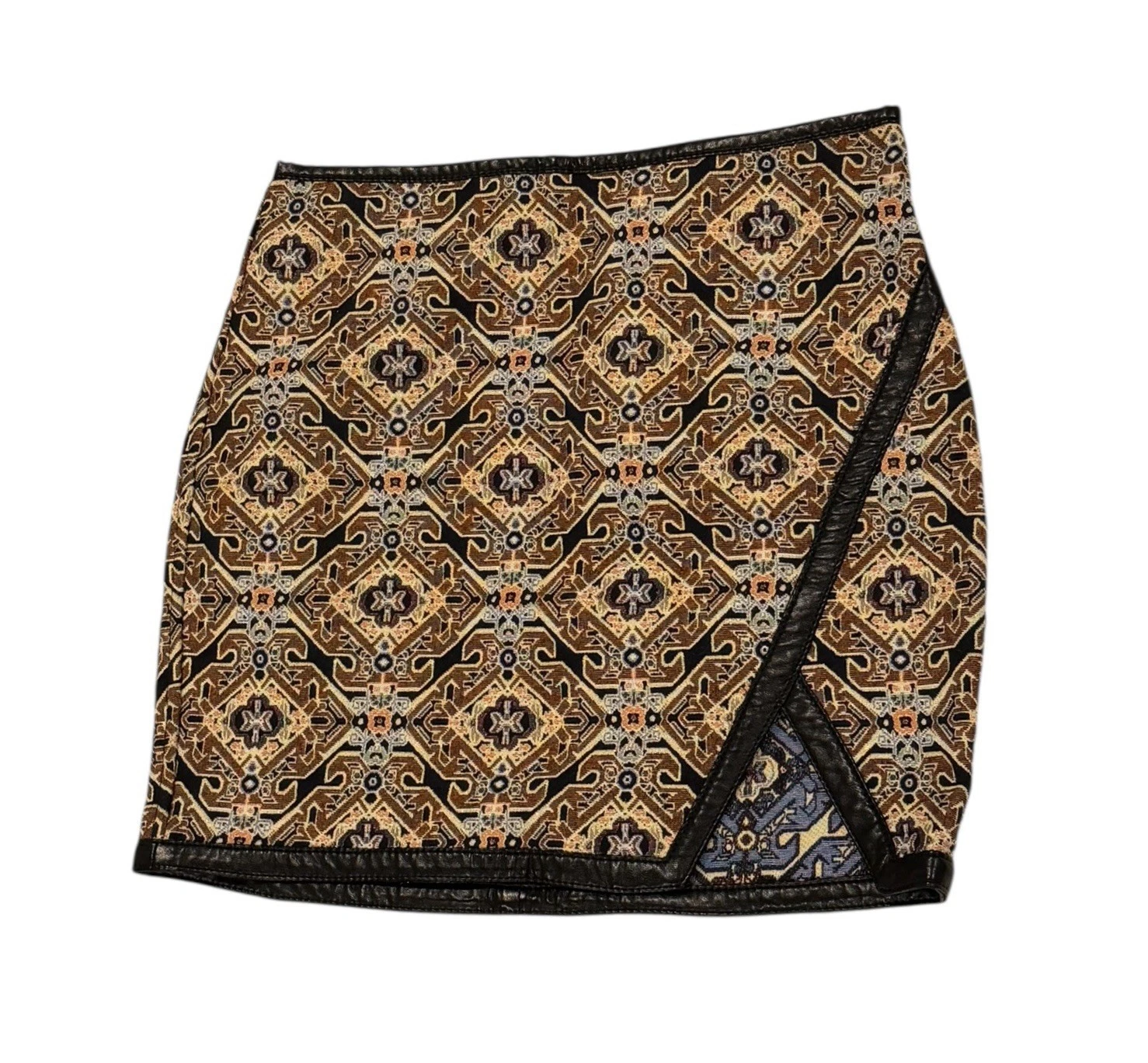 Express Jacquard Faux Leather Trim Mini Skirt Women’s 0 Slit Y2K Tapestry Aztec