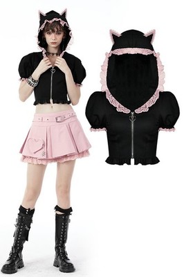 Dark in Love Women Black and Pink Gothic Lolita Shirts Cat Ear Short Hooded Tops