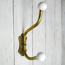 Vintage Twisted Brass Double Coat Hook Porcelain Knob Wall Mount 7" Long