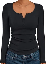 Women’s Henley Ribbed Long Sleeve Shirt | Fall Winter Casual Dressy Basic Top