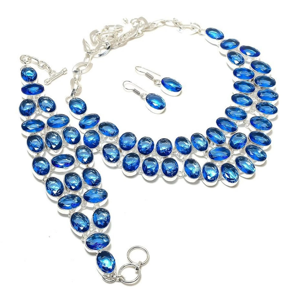 Faceted Tanzanite Quartz Oval Shape Gemstone Handmade Gift Jewelry Necklace Set - Image 2 of 4