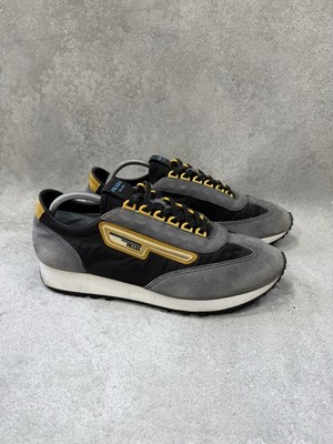 Prada Milano Runner Sneakers Grey Suede Black Nylon Yellow Trim Size 42