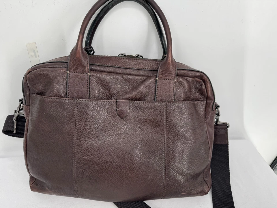 Fossil Haskell 棕色卵石皮革公文包 工作 便携式电脑 斜挎包 手提包 — 第 2/4 张图片