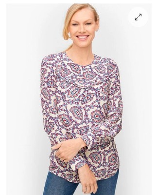 TALBOTS 2X Plus Paisley Pintuck Yoke Popover Blouse Keyhole Closure Lined