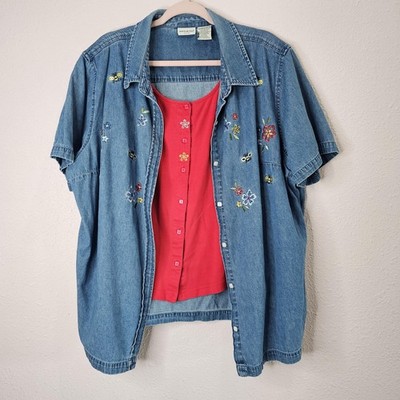 White Stag Shirt Womens 2XL Blue Denim Embroidered Button Up Floral Bee Top
