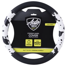 Auto Drive Black  White Cow Print Faux Leather Steering Wheel Cover