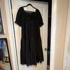 Christy Dawn Black Cotton Midi Dress Smocked Square Neck Puff Sleeve Size L