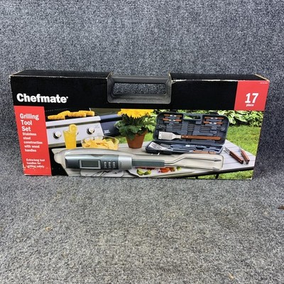 Chefmate 17 Piece Grilling Tool Set w/Digital Thermometer Fork w/ Hard Case NEW