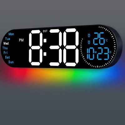 Blue 17.2'' Large Digital Wall Clock 9 Color Display Remote Temp Auto Dimmer
