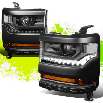 LED DRL Projector Headlight Lamps for Chevy Silverado 1500 16-19 Black Clear L+R