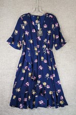 Bobeau Faux Wrap Floral Midi Dress Womens M Navy Ruffle Trim Hi-Low Hem NWT