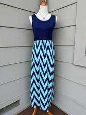 ROUND NECK MAXI SLEEVELESS DRESS w/ GEOMETRIC PRINT - BLUE L