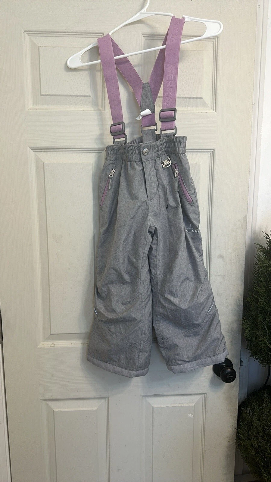 Grey And Pink Girls Winter Snow Pants With Waterproof Gloves.