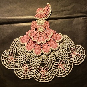 Crochet Crinoline Lady Doily - Ms Mum - Dk Pink and Antique White