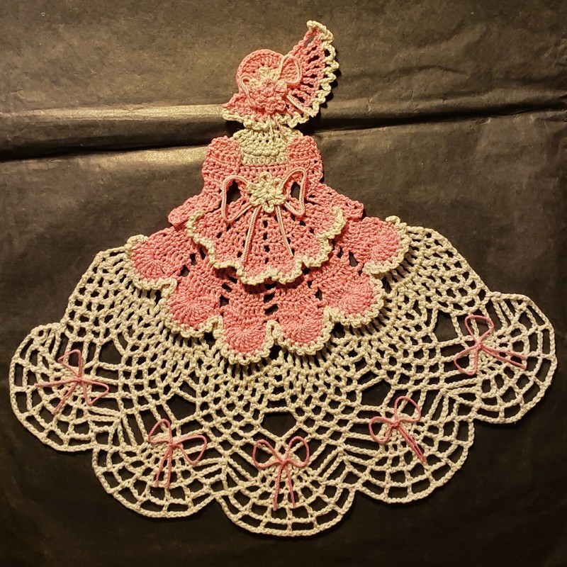 Crochet Crinoline Lady Doily - Ms Mum - Dk Pink and Antique White