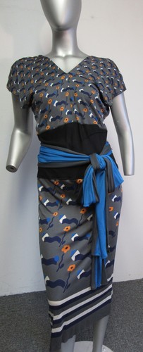 MARC JACOBS grey, blue, orange geo- print cap- sleeve V- neck belted dress sz 10