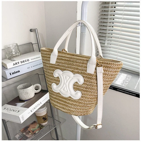 Bolso de Mano de Paja para Damas Bolso de Playa Bolso de Ratán + Banda para el Cuello de Seda Bolso de Gran Tamaño - Imagen 8 de 22