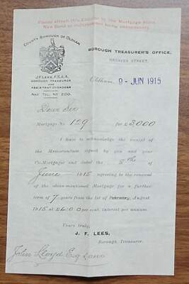 1915 County Borough of Oldham Hypothekenerneuerung Rundschreiben £3000