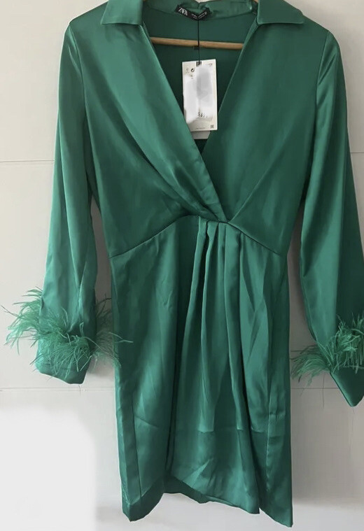 ZARA NEW GREEN SATIN MINI DRESS Feather Cuffs MEDIUM UK 8 -10 | eBay UK