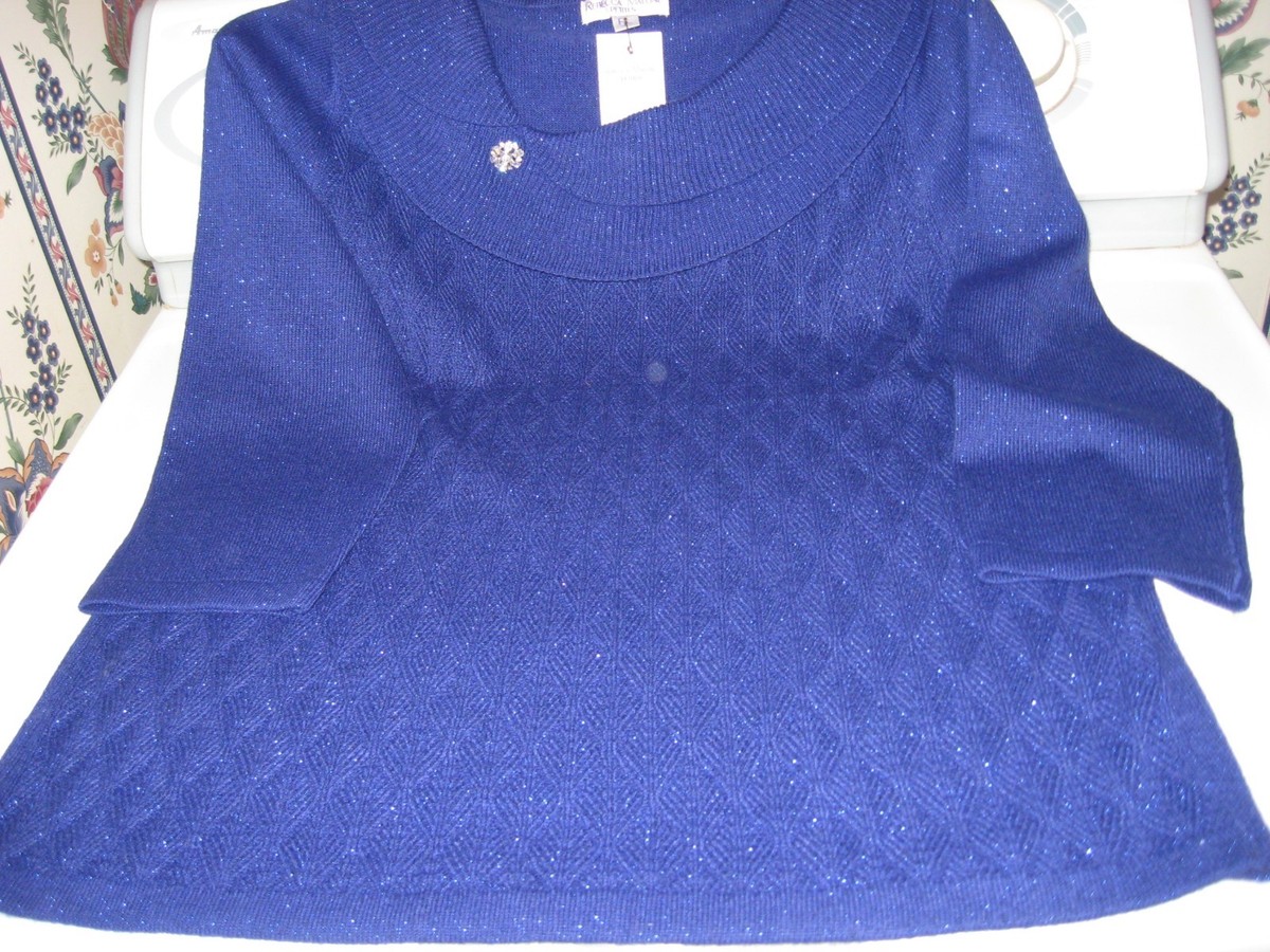 Pull Femme Festif Bleu Royal Métallisé - Taille L Petites, Col Cowl, Pierres Faux Diamants