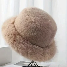 Wide Brim Fluffy Bucket Hat Elegant Faux Fur Large Basin Hat.