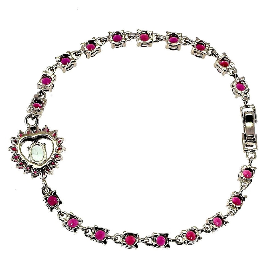 PULSERA CORAZÓN AGUAMARINA Y RODOLITA GRANATE PLATA DE LEY 925 14K WGP 7,5 IN Foto 3 de 3