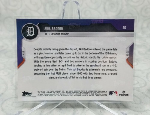 Akil Baddoo - 2021 MLB TOPPS NOW #36 Walk Off Single Legendary Debut Tigers - Picture 2 of 2