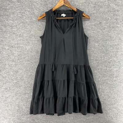 Max Studio Dress Women S  Black Shift Short V-Neck Tasseled Sleeveless Mini