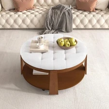 2-Tier Ottoman Coffee Table, Waterproof Linen Button Tufted Ottoman w/Wheels