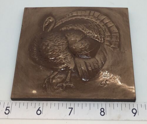 Vintage 4" X 4" Signed CS C.S. Brass Over Ceramic Pottery Tile Turkey Bird Fowl - Picture 1 of 3