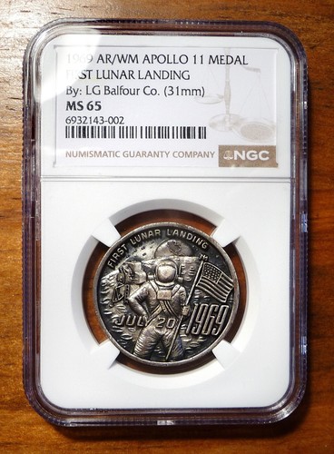 1969 Apollo 11 Ultra High Relief First Lunar Landing Pewter Medal MS65 RARE - Picture 5 of 6