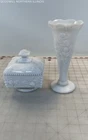 Vintage White Milk Glass Grapevine Covered Candy Dish & Flower Vase