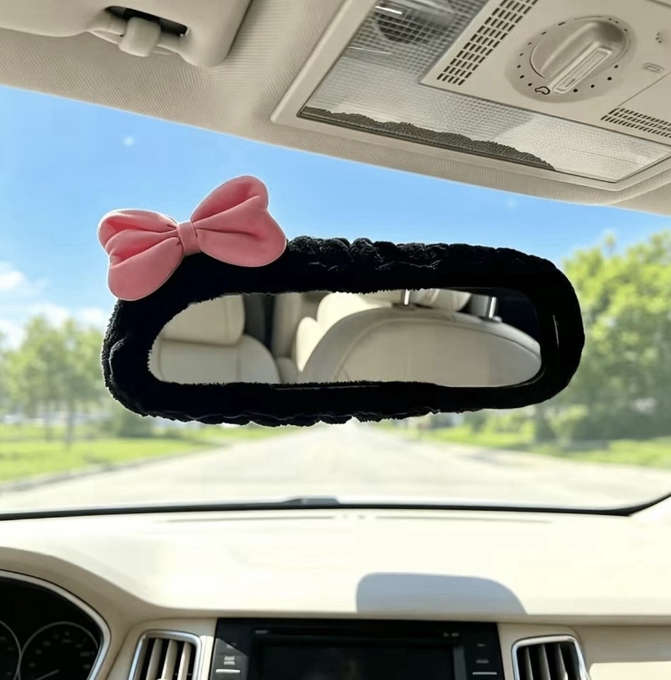 Cute Plush Bow Car Rear View Mirror Cover – Black & Pink Coquette Decor ...
