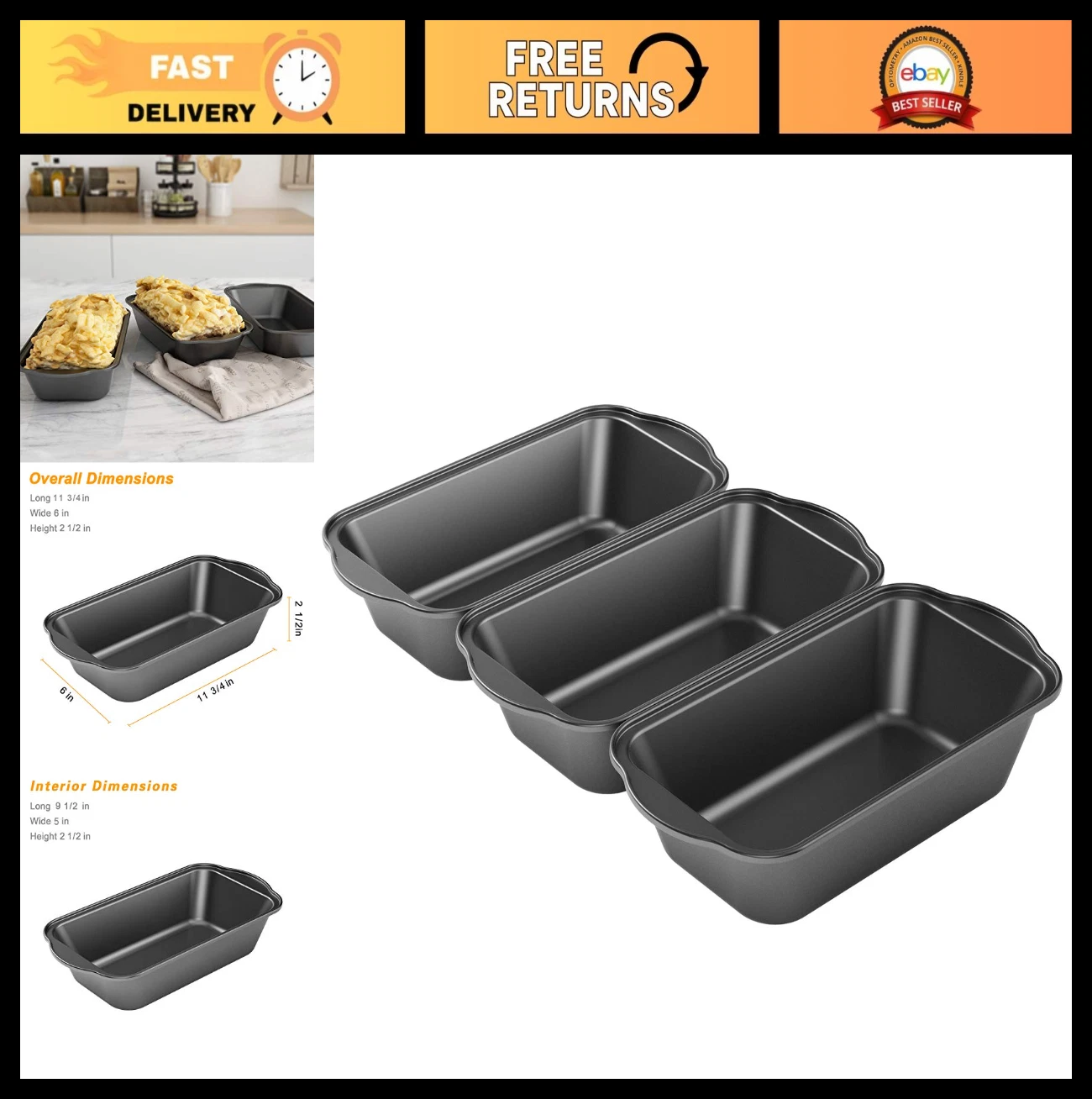 3 Pack Nonstick Carbon Steel Bread Loaf Pan Set - 9.5" x 5" Baking Pans
