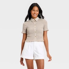 Women's Seersucker Smocked Shirt - A New Day Brown Gingham M