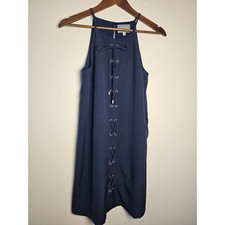 [Chic] Skies Are Blue Lace Up Shift Dress Womens Small Navy Blue Halter Mini